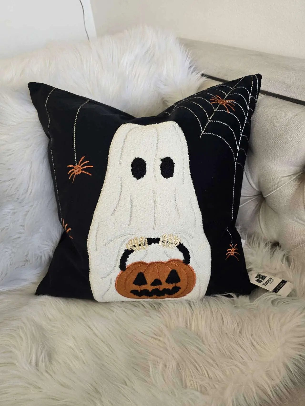 Halloween Ghost with Pumpkin Bucket Throw Pillow Set of 2 by HouseOfZazla