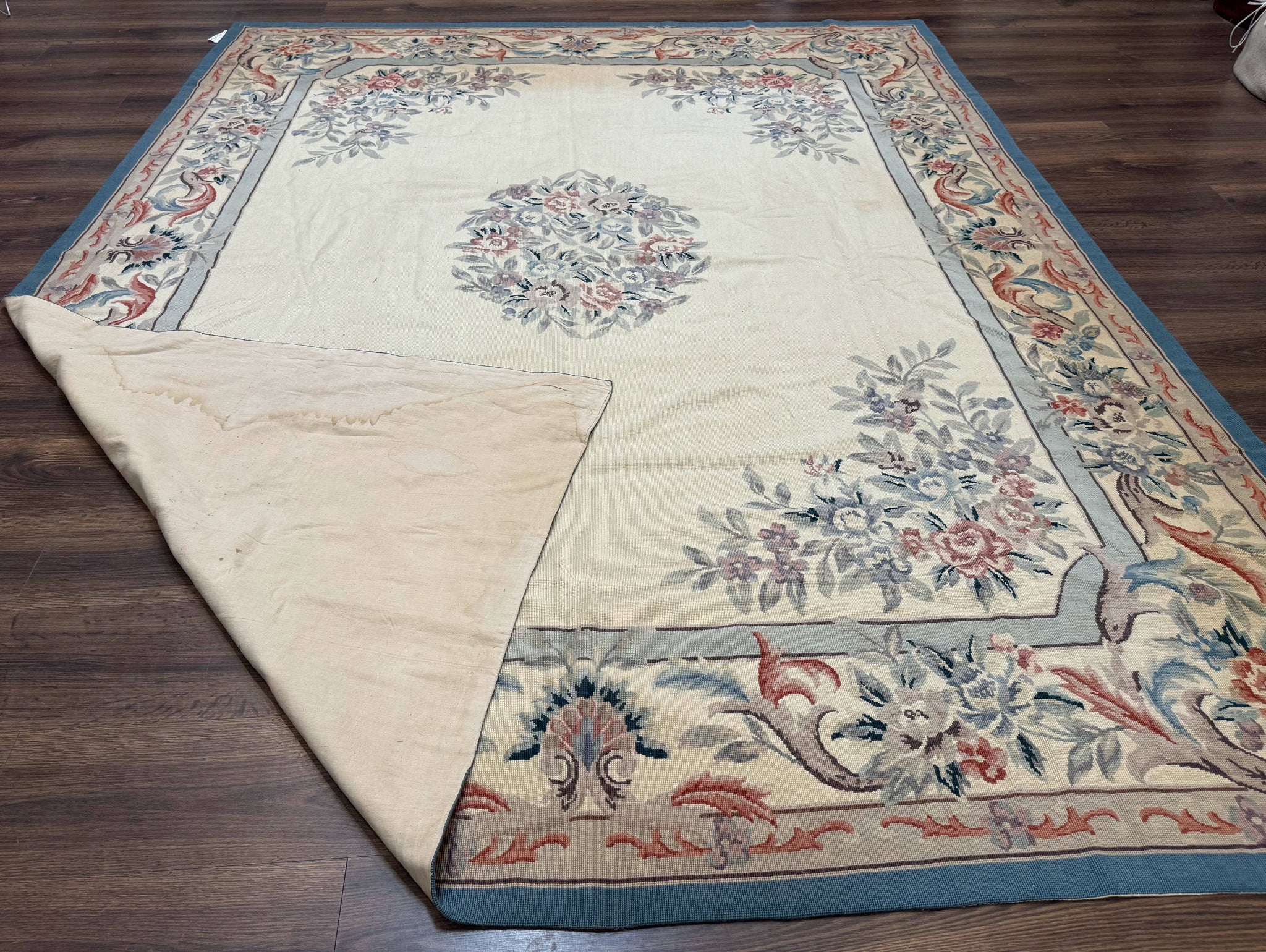 Ivory Needlepoint Rug 8x10, Wool Handmade Carpet by Jewel Rugs