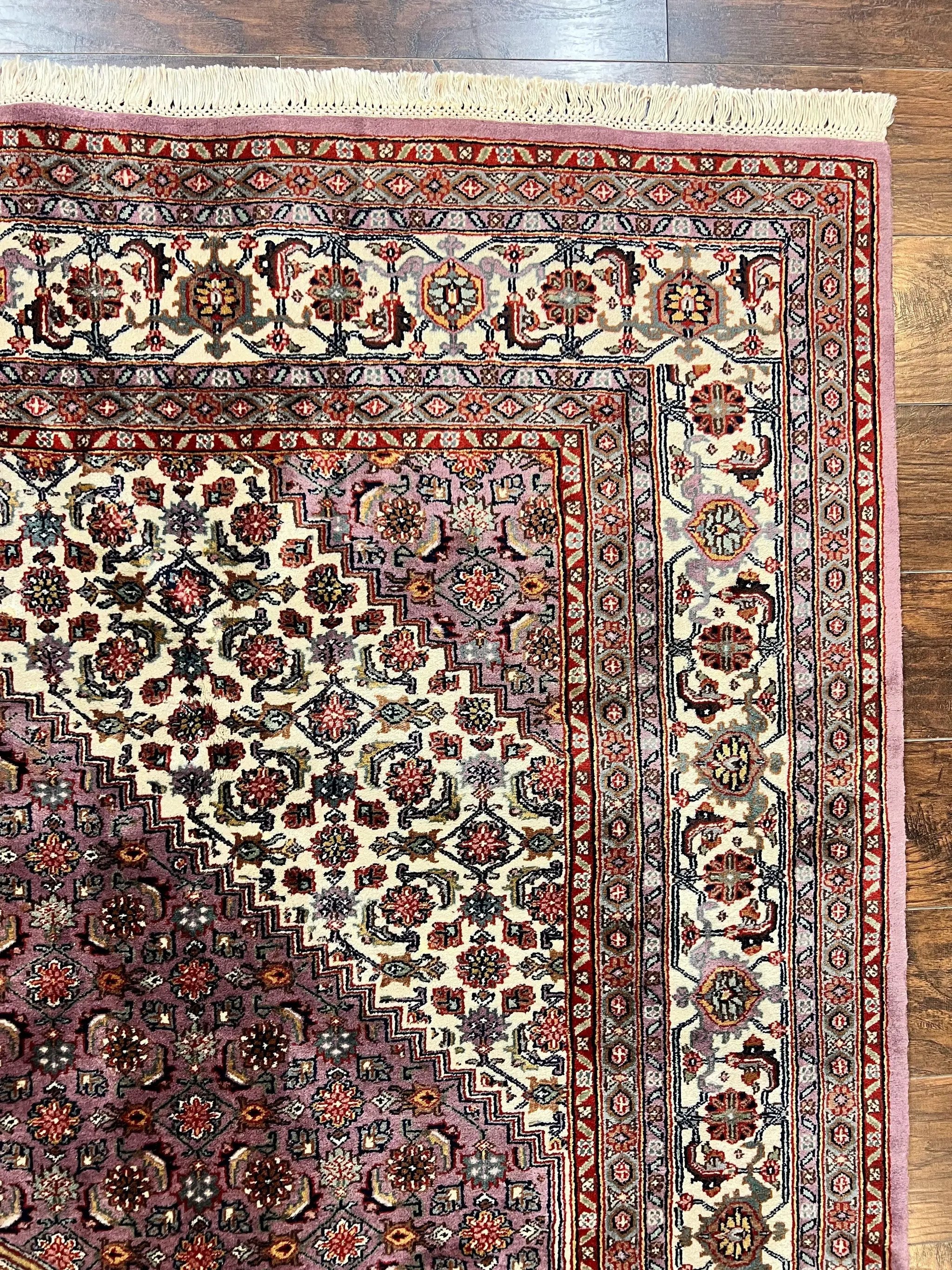 Indo Persian Bidjar Rug 8x10, Purple and Ivory Hand Knotted Wool Vintage Oriental Carpet, Herati Mahi Pattern, 8 x 10 Traditional Fine Rug by Jewel Rugs