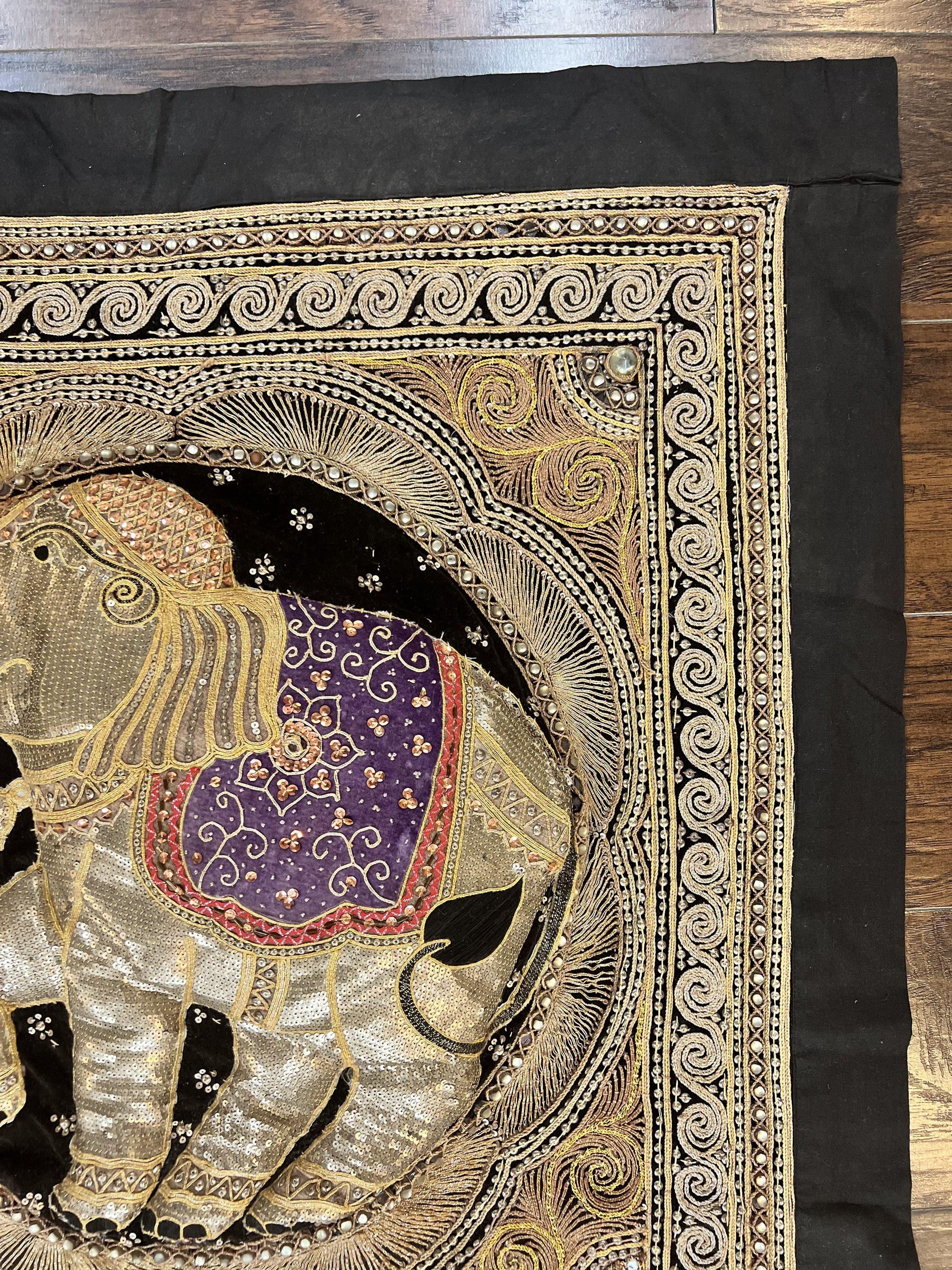Indian Embroidery 3x3, Elephant Design, Detailed Needlepoint, Beadwork by Jewel Rugs