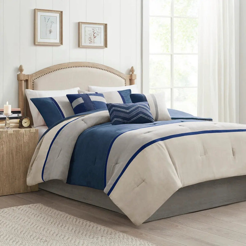 7 Piece Faux Suede Comforter Set Blue King by HouseOfZazla