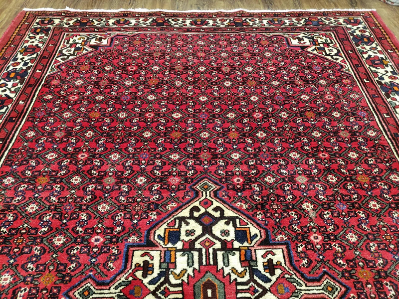 Vintage Persian Hamedan Rug 7x10, Angelas Mahi Pattern, Red, Wool, Hand-Knotted by Jewel Rugs
