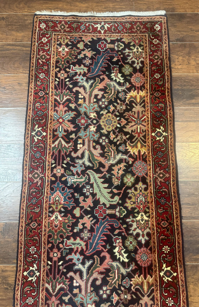 Indo Persian Runner Rug 2.7 x 13, Navy Blue and Red, Allover Floral, Wool, 13ft Runner by Jewel Rugs