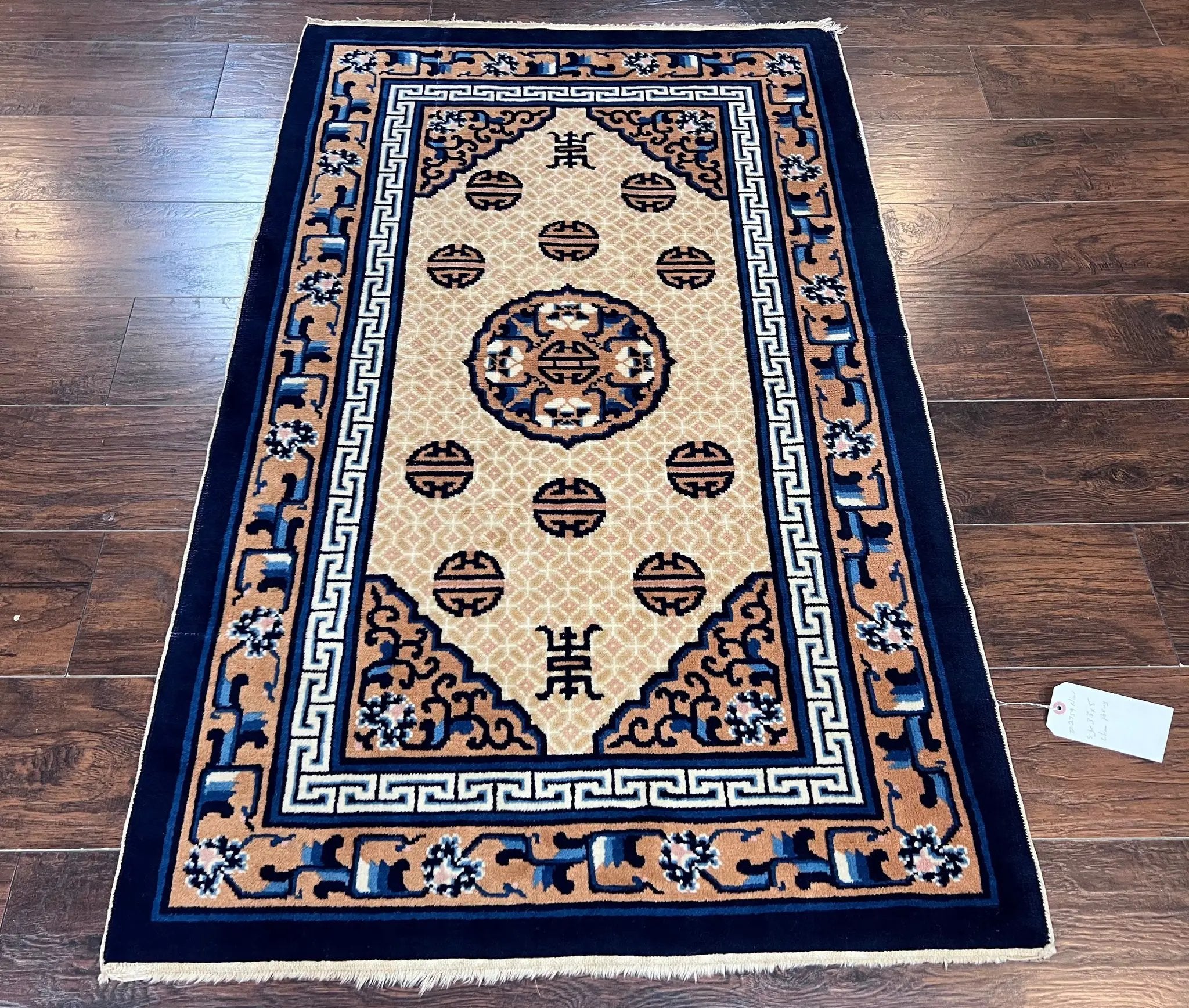 Chinese Peking Rug 3x5, Antique Chinese Art Deco Carpet, Blue Ivory Tan, Hand Knotted Wool Asian Oriental Rug 3 x 5 Vintage Small Peking Rug by Jewel Rugs