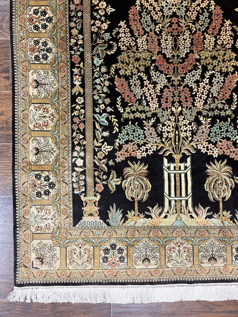 Wonderful Sino Persian Silk Rug 4x6, Tree of LIfe Design, Masterpiece 575 KPSI, Birds, Prayer Rug, Black, Silk on Silk by Jewel Rugs