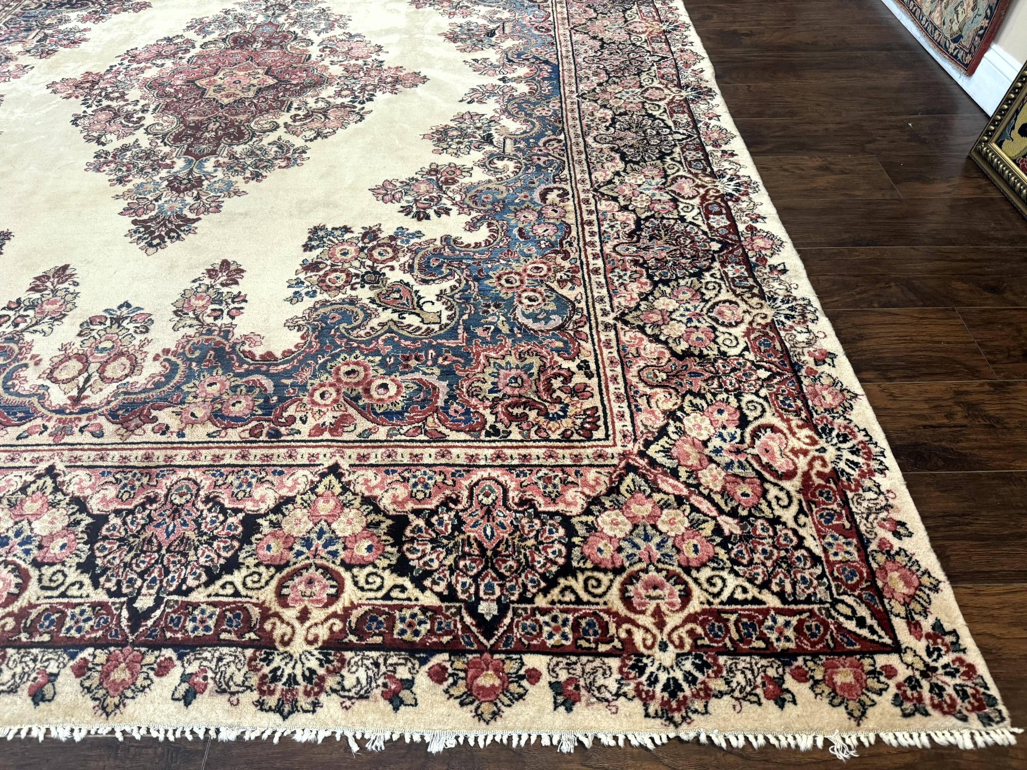 Persian Sarouk Rug 9x12, Ivory & Blue, Semi Open Field by Jewel Rugs