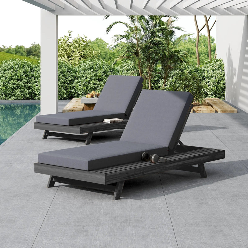 Lounge Chaise Set in Black Acacia Wood with Water-Resistant Cushions by HouseOfZazla