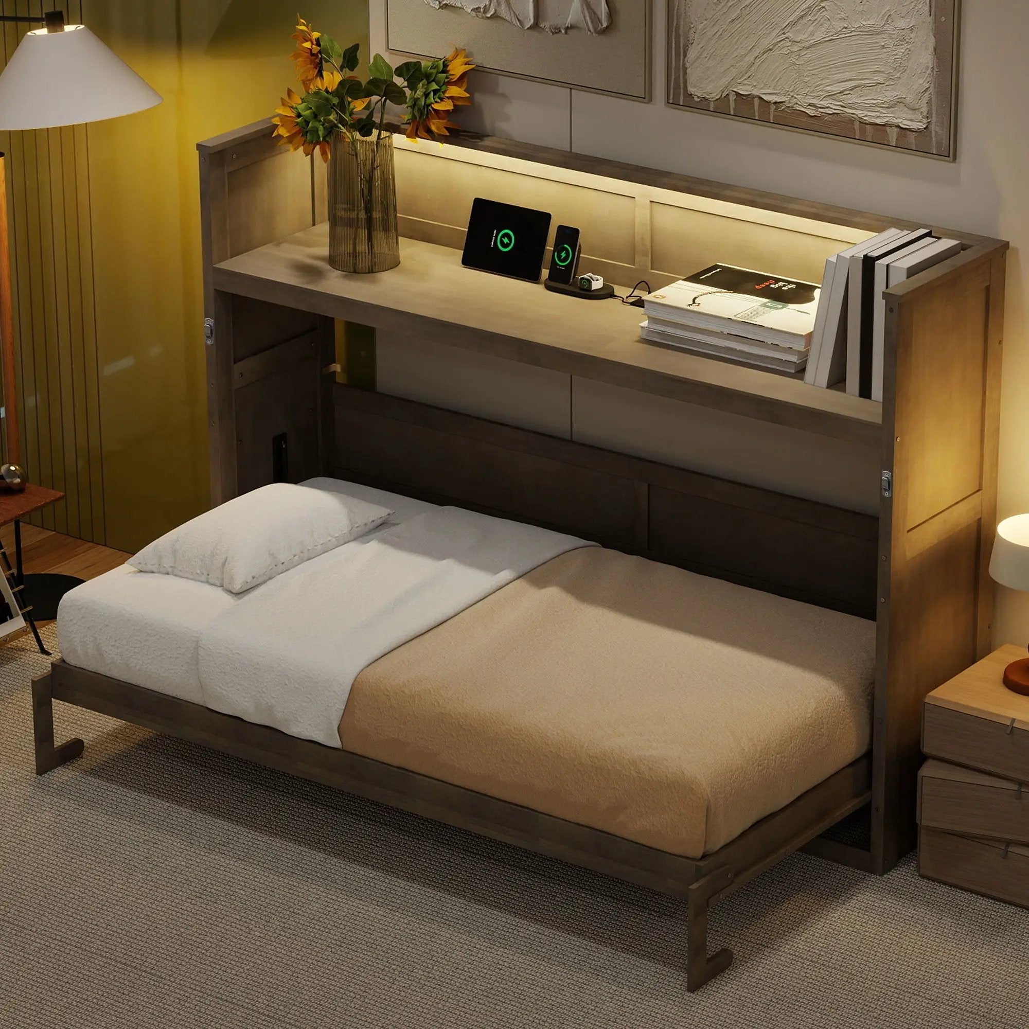 Murphy Bed With Desk, LED Light And USB Charging Station by HouseOfZazla