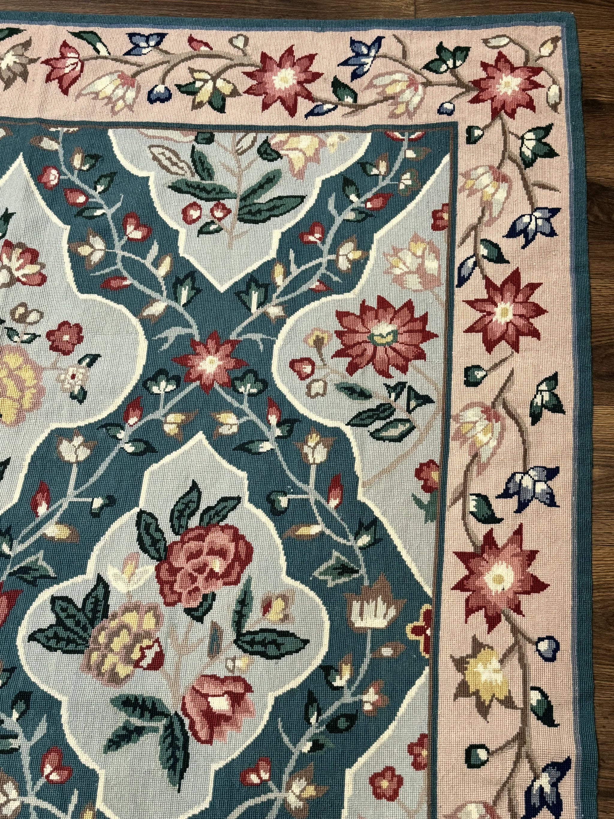Teal Needlepoint Rug 6x9, Panel Design, Floral Bouquets, Handmade by Jewel Rugs