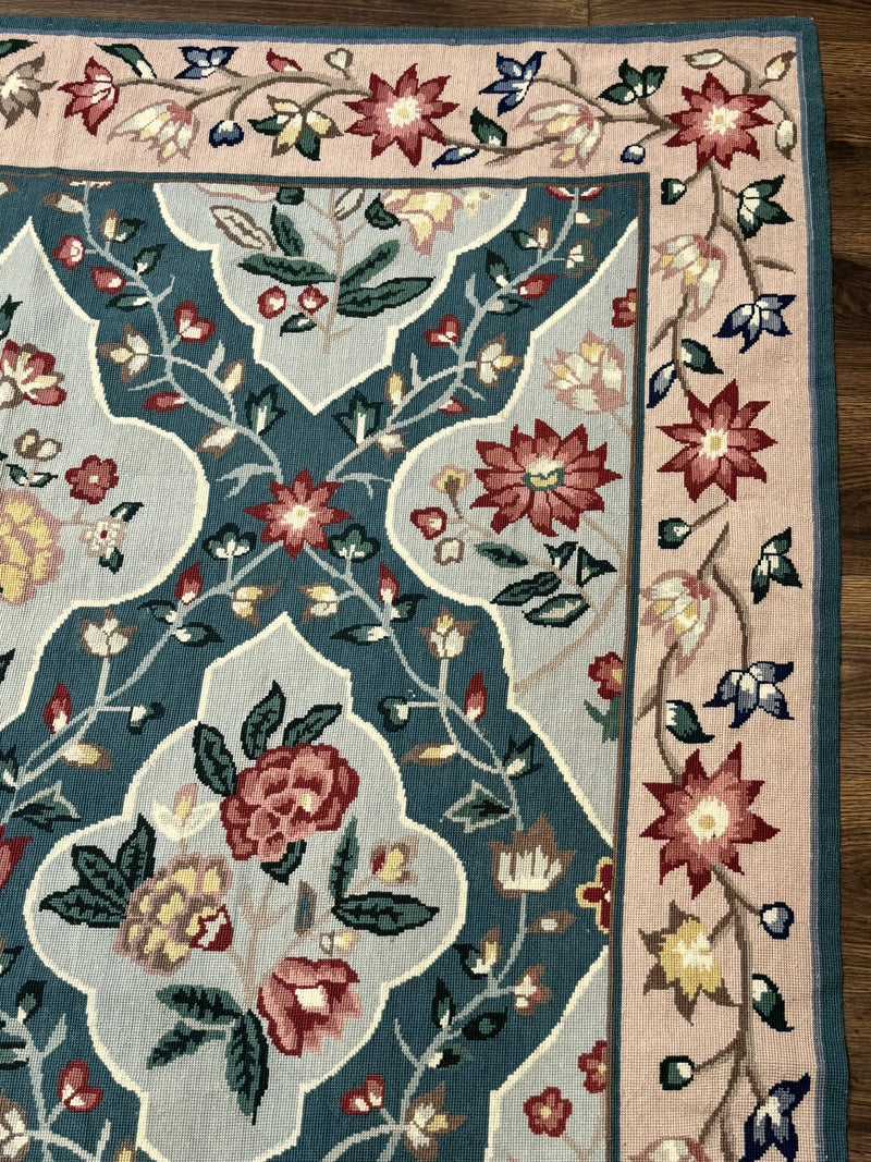 Teal Needlepoint Rug 6x9, Panel Design, Floral Bouquets, Handmade by Jewel Rugs
