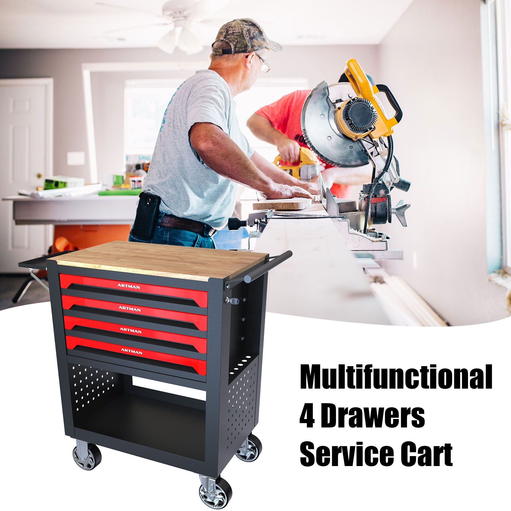 4 Drawers Multifunctional Tool Cart With Wheels And Wooden Top by HouseOfZazla
