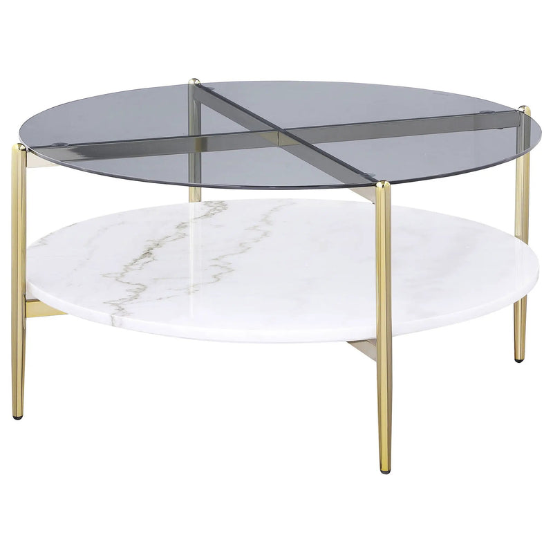 Jonelle Round Glass Top Coffee Table White Marble Shelf Gold by Unique Piece Furniture