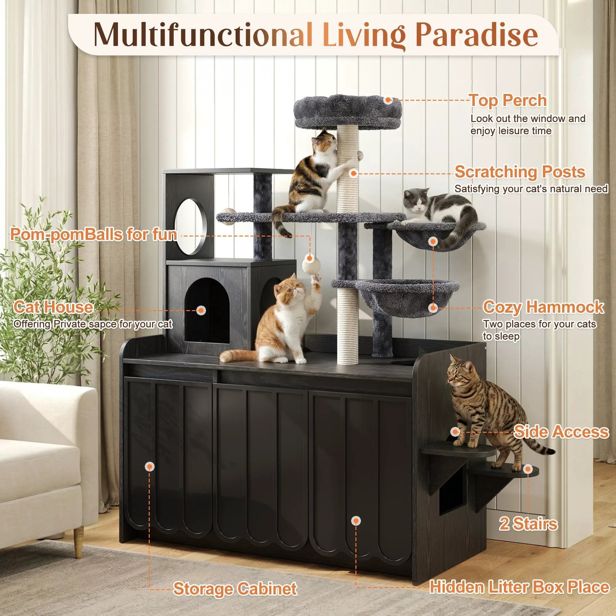 50.6" Cat Tree with Litter Box Enclosure and Sisal Scratching Post by HouseOfZazla