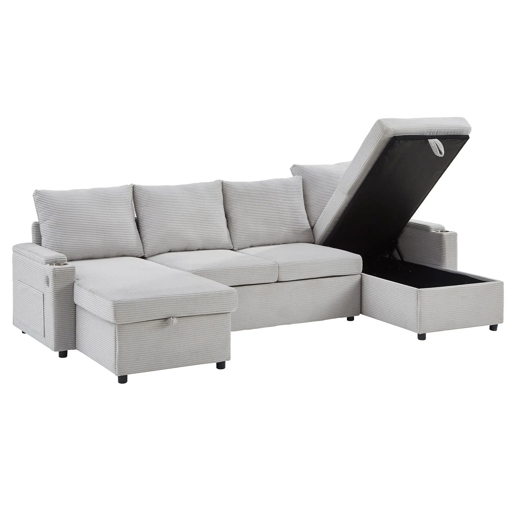 U Shaped Sectional Sofa Bed With Storage Chaise Lounges, USB Ports, And Cup Holders by HouseOfZazla