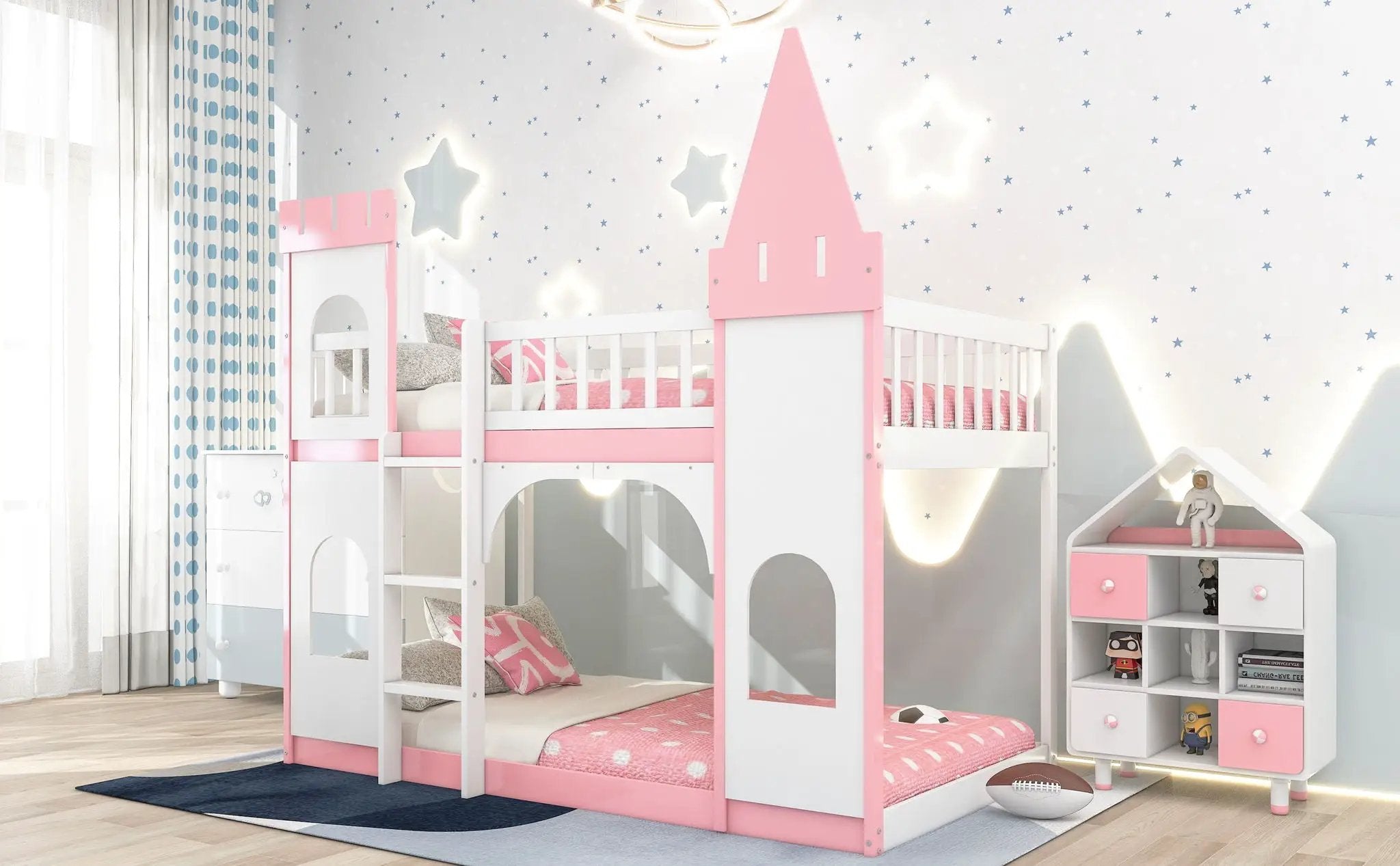 Twin Over Twin Castle Bunk Bed With Ladder - Pink by HouseOfZazla