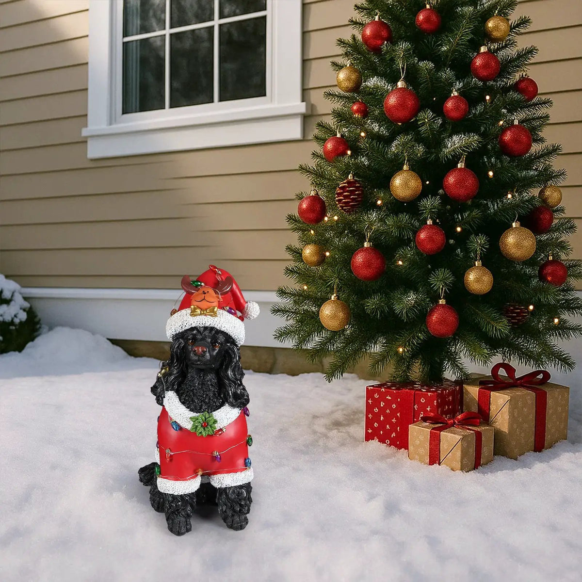Festive Black Poodle Christmas Statue by HouseOfZazla