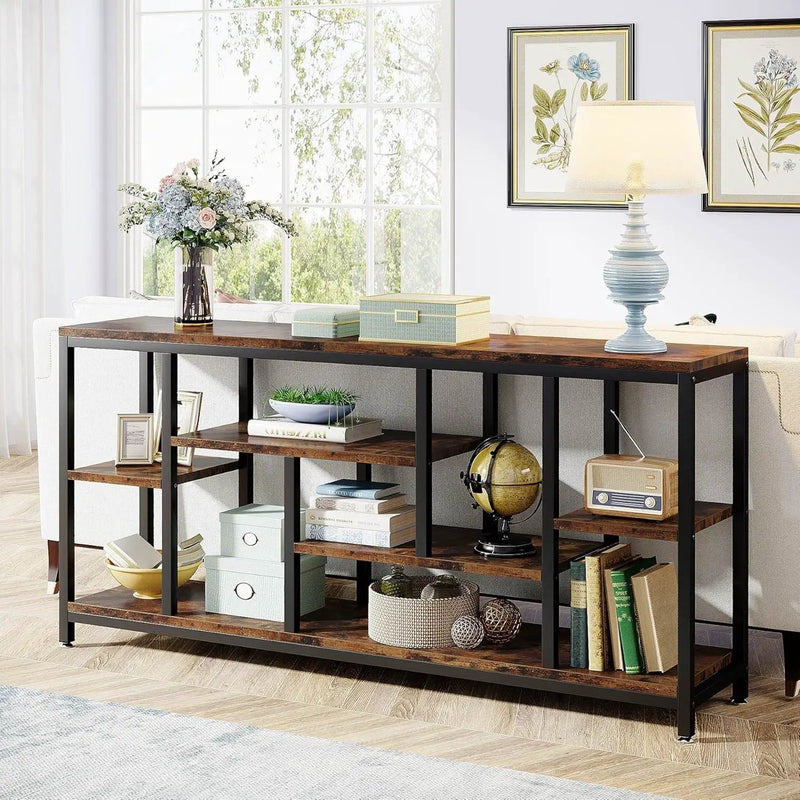 Tribesigns - Extra Long Console Table, 3 Tier With Storage Shelves - Rustic Brown by HouseOfZazla