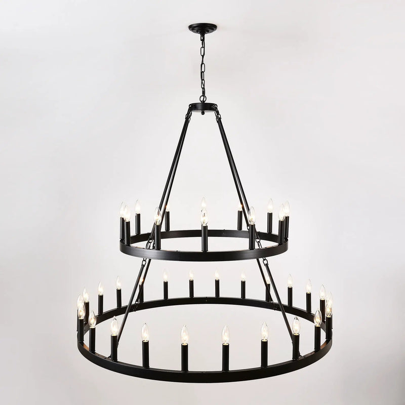 2 Tiers Wagon Wheel Chandelier Wooden Farmhouse 36 Light (24 / 12) Or (12 / 24) Metal Chandeliers 2 Story Light Fixtures Industrial For High Ceiling Living Dining Room Foyer, Adjustable Height - Black by HouseOfZazla