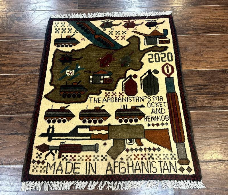 Afghan War Rug, Helicopters Tanks Guns, Handmade, Wool, 2x3 by Jewel Rugs