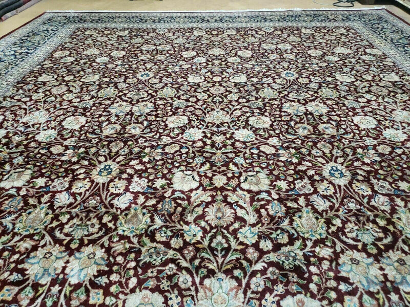 Persian Rug 9x12, Floral Allover, Very Fine, Handmade, Room Sized Oriental Carpet, Sino Persian, Maroon and Navy Blue by Jewel Rugs