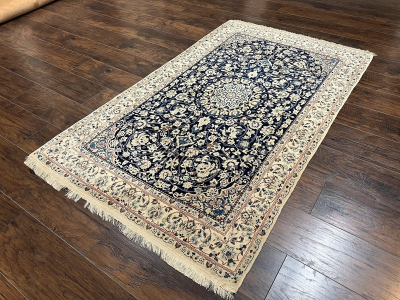 Very Fine Persian Nain Rug 3.7 x 6, Floral Medallion, Wool and Silk Accents, Highly Detailed, Hand Knotted Oriental Carpet, Navy Blue Ivory/Cream by Jewel Rugs