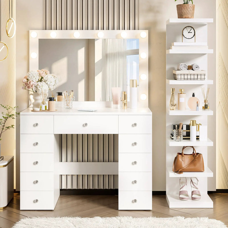 Vanity Desk with 11 Hollywood Bulbs & 7-Tier Storage Shelves by HouseOfZazla