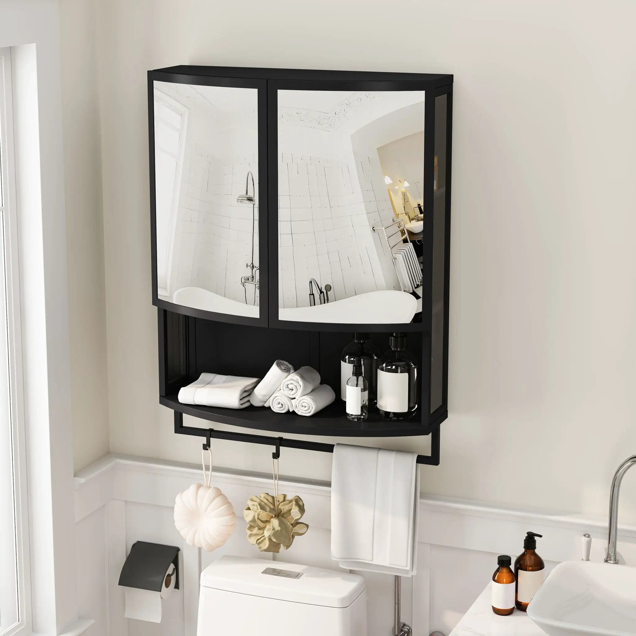 Arched Glass Double Door Wardrobe With Shatterproof Mirror, Open Shelf & Towel Rack by Unique Piece Furniture