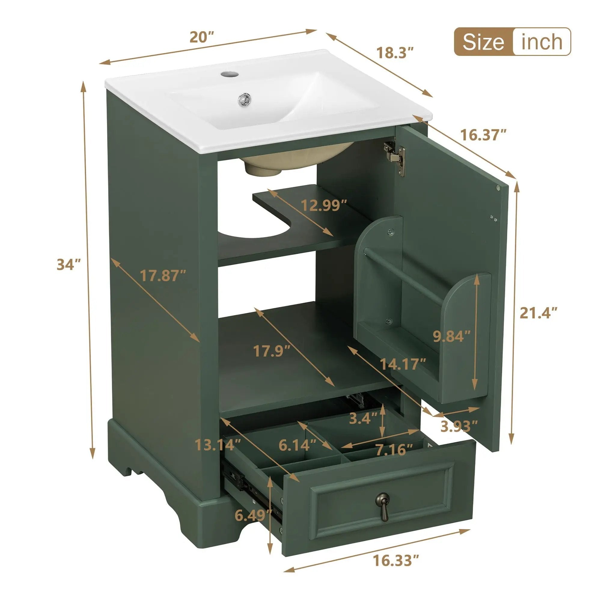 Bathroom Vanity With Sink, Soft Close Door, Adjustable U-Shaped Shelf