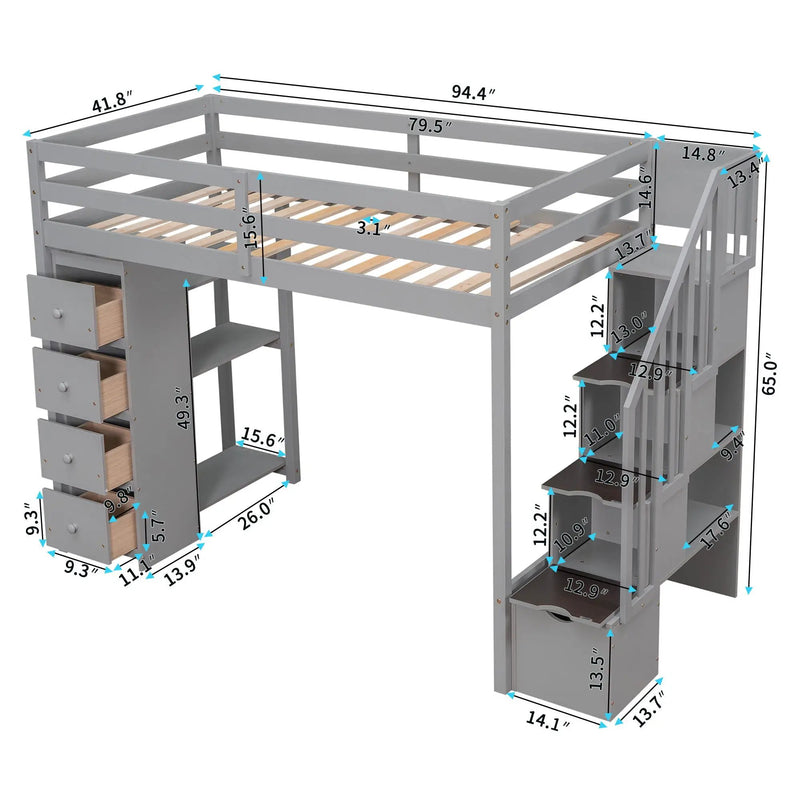 Loft Bed With Storage Drawers And Stairs With Shelves