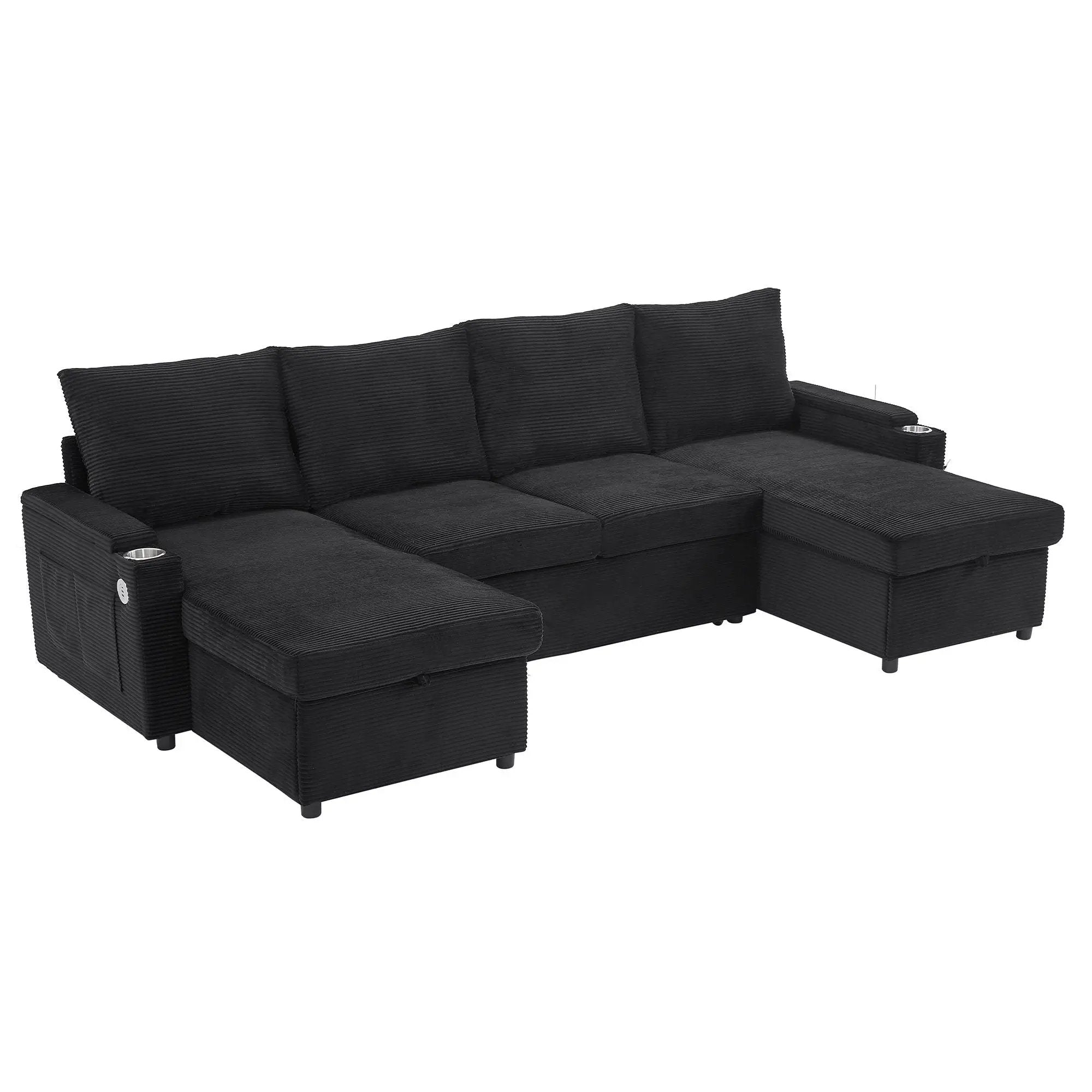 U Shaped Sectional Sofa Bed With Storage Chaise Lounges, USB Ports, And Cup Holders by HouseOfZazla