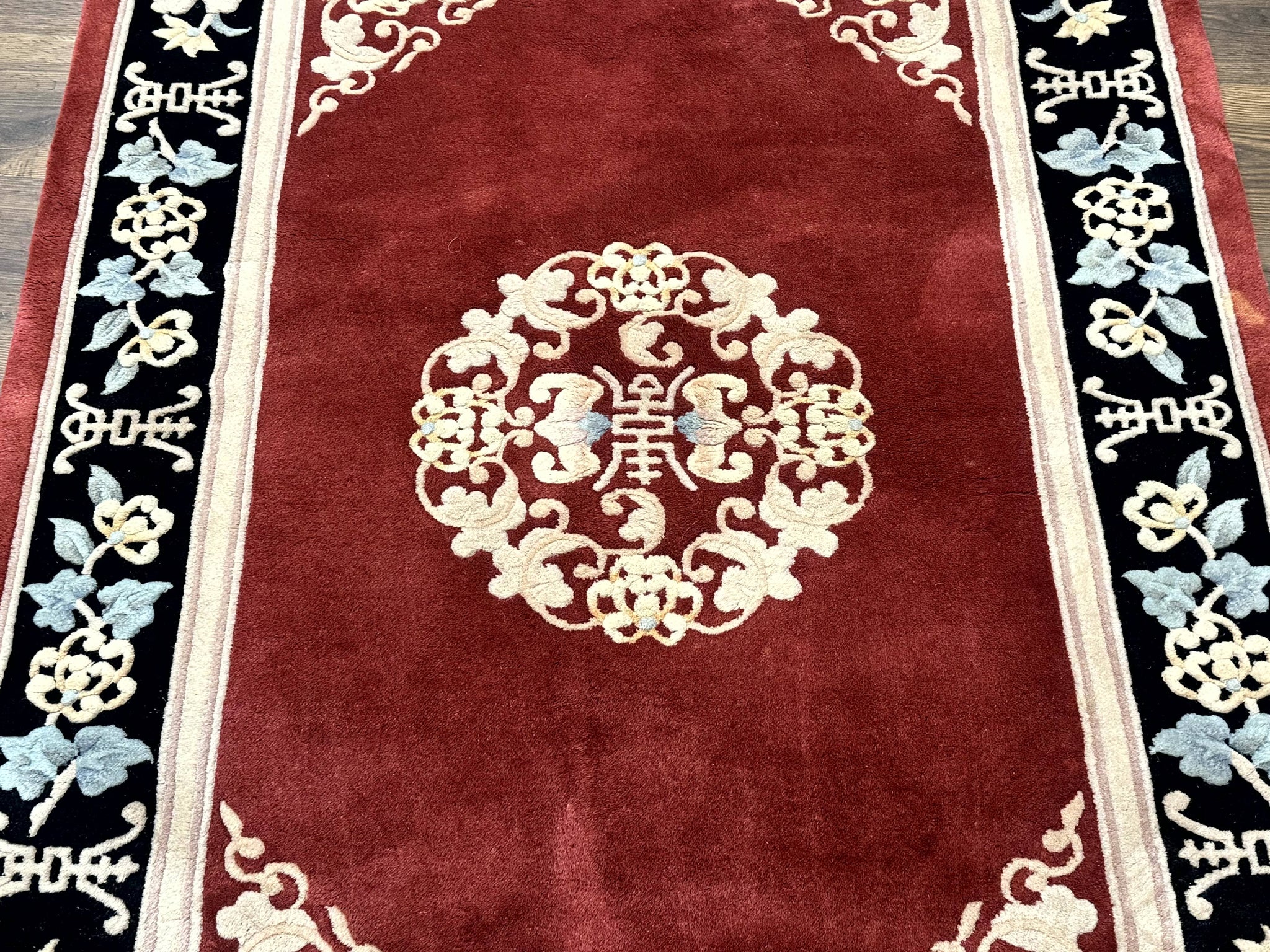 Dark Red Chinese Wool Rug 4x6, Chinese 90 Line Rug, Carving Rug, Handmade, Pair B by Jewel Rugs