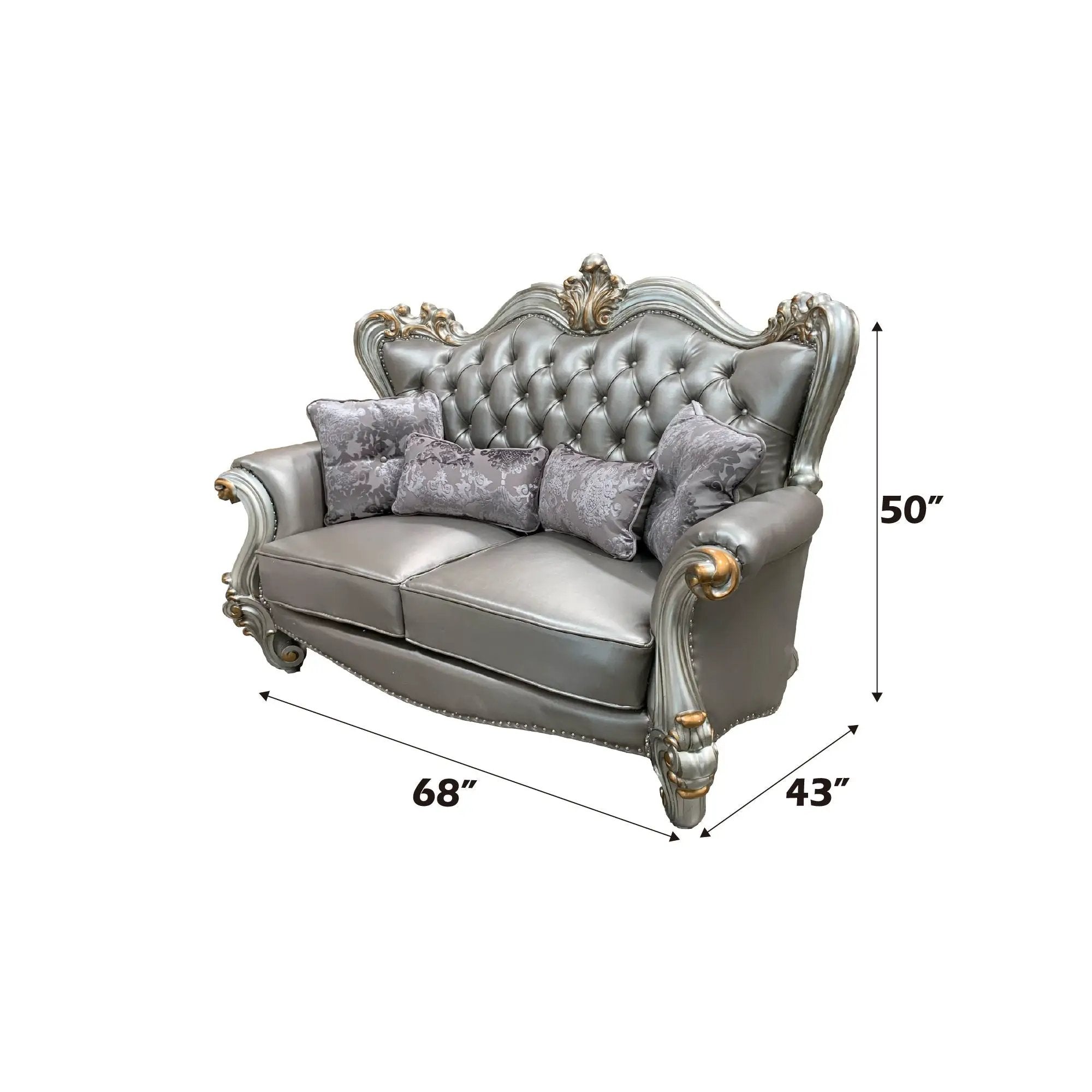 Versailles - Loveseat With 4 Pillows - Silver Synthetic Leather & Antique Platinum by Unique Piece Furniture