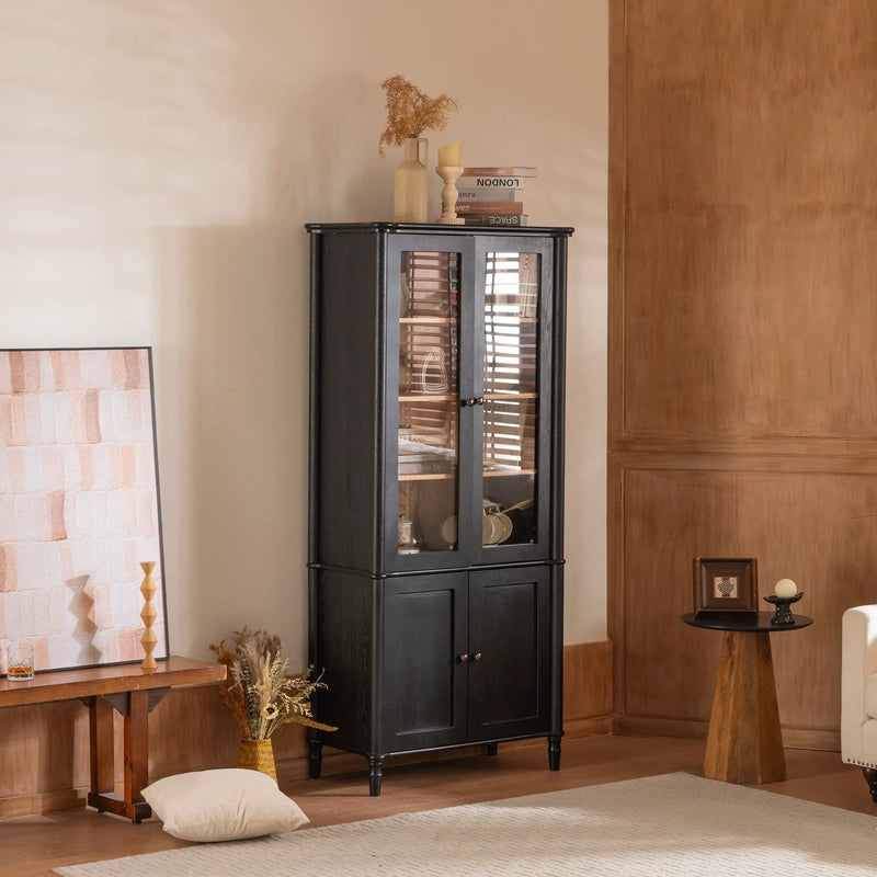 Vintage Display Cabinet With Double Glass Doors, Traditional Style For Collectibles, Ash Wood Veneer, 73.25" Tall - Black / Natural by HouseOfZazla