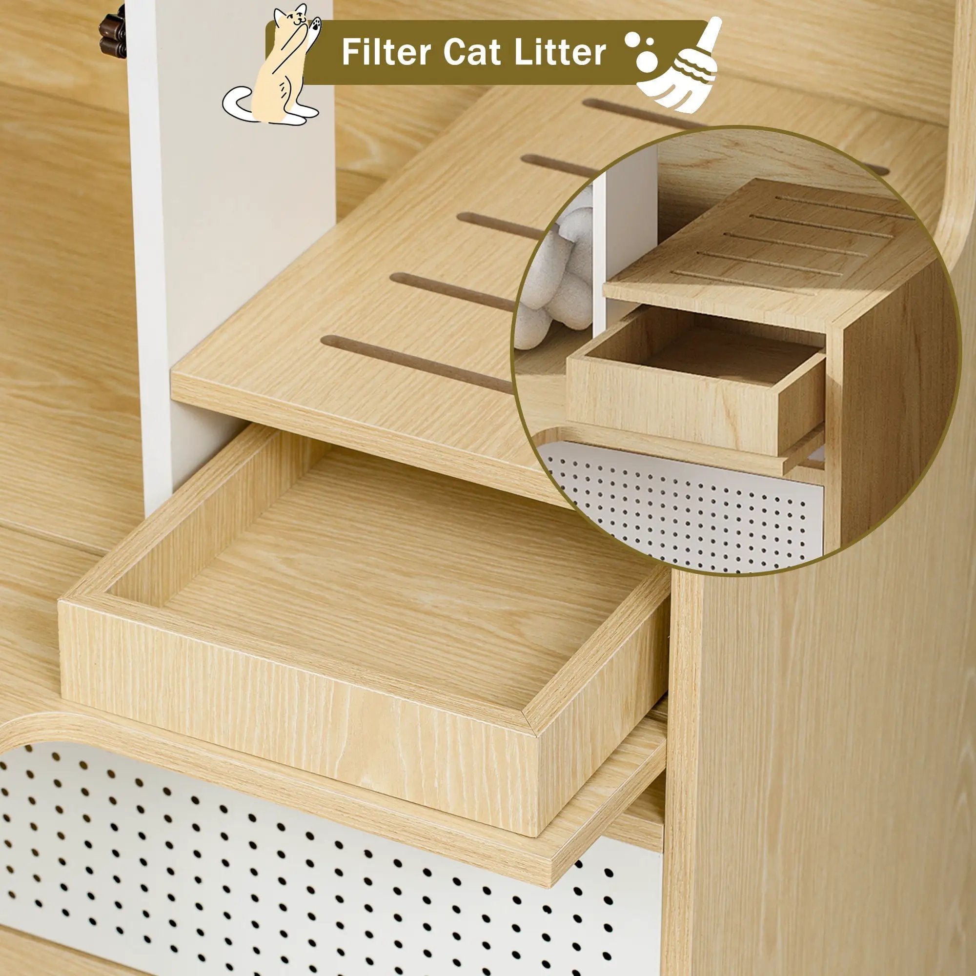 Furniture Style Multi Use Natural Cat Litter Box House With Flip Down Door - Natural by HouseOfZazla
