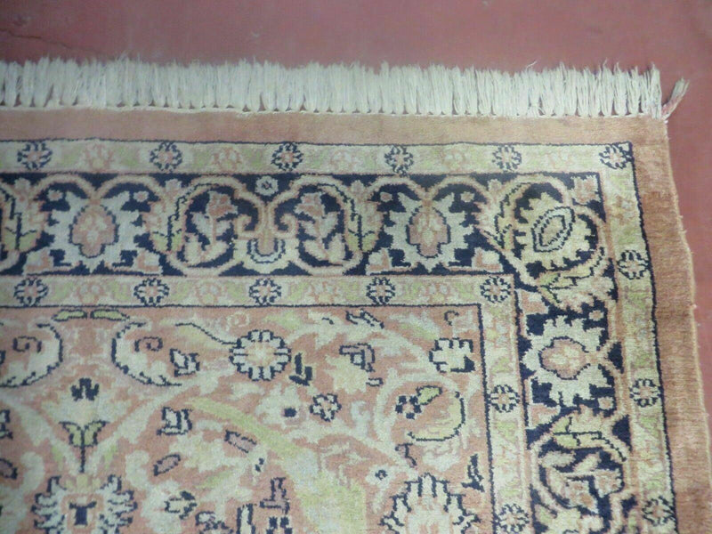 Indian Silk Rug 4x6, Indian Kashmiri Silk Carpet 4 x 6 ft, Vintage Hand Knotted Floral Bird Motifs, Light Pink and Navy Blue, Silk on Cotton by Jewel Rugs
