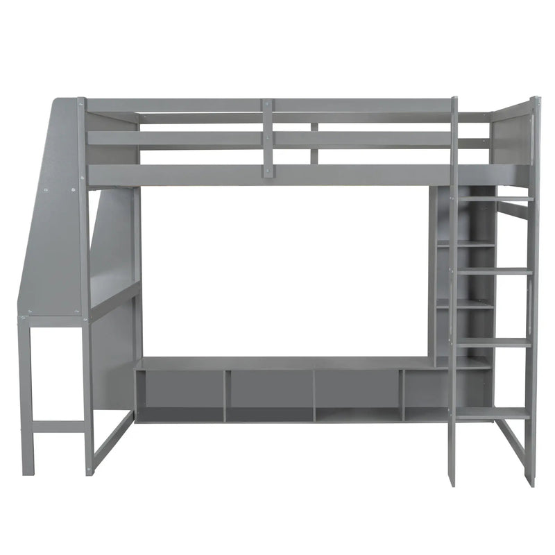 Full Size Gaming Loft Bed With Desk, Multi Storage Shelves, LED Lighting, And Hanging Clothes Rack - Gray by Unique Piece Furniture