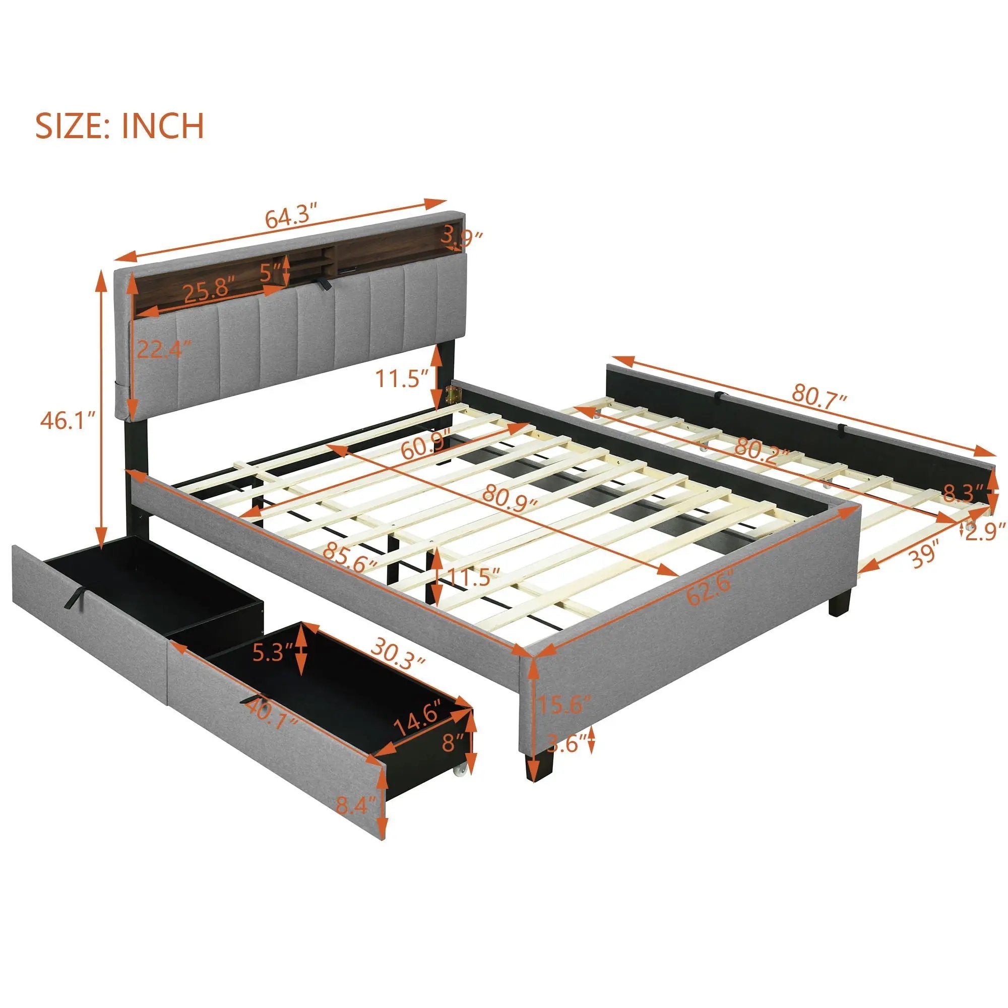 Upholstered Platform Bed With Storage Headboard, Trundle & 2 Drawers And A Set Of Sockets & USB Ports by Unique Piece Furniture