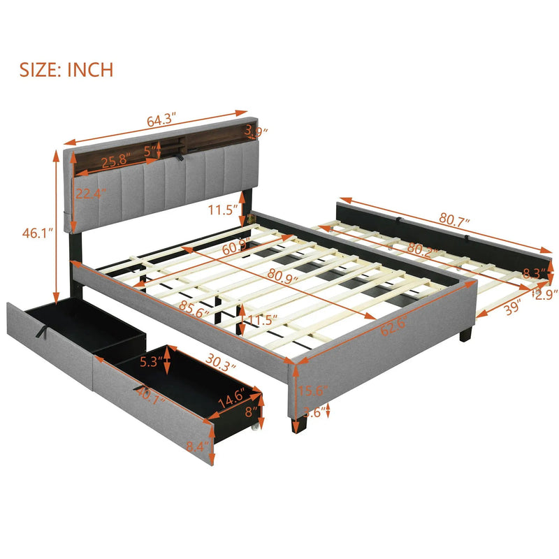 Upholstered Platform Bed With Storage Headboard, Trundle & 2 Drawers And A Set Of Sockets & USB Ports by Unique Piece Furniture