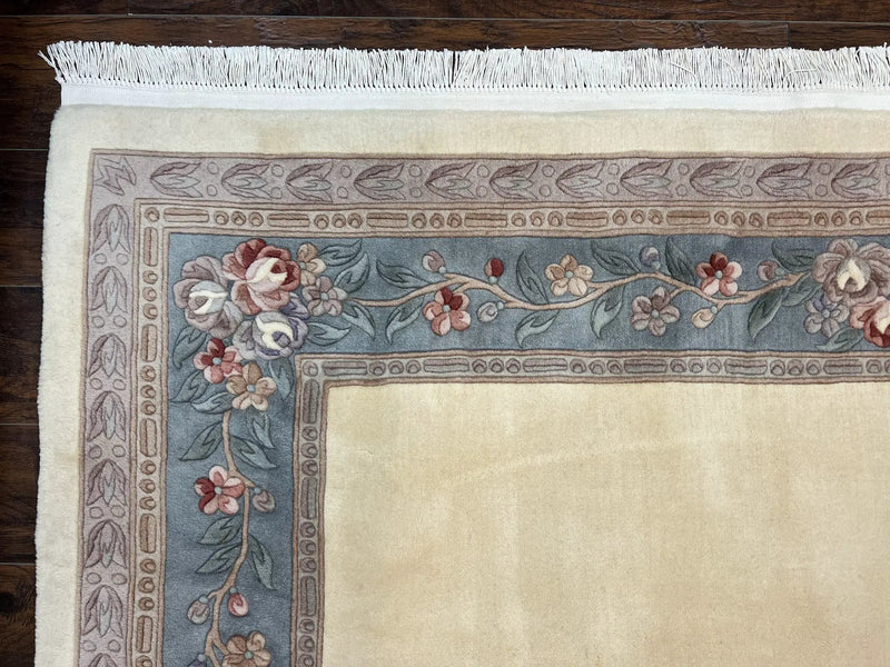 Chinese Carving Rug 8x10, Chinese Wool Carpet 8 x 10, Cream, 120 Line Rug, Vintage Handmade Art Deco Asian Oriental Rug, Aubusson Rug by Jewel Rugs