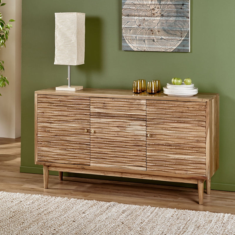 Boho Handcrafted 3 Door Sideboard, Carved Texture & Artisanal Charm - Natural by HouseOfZazla