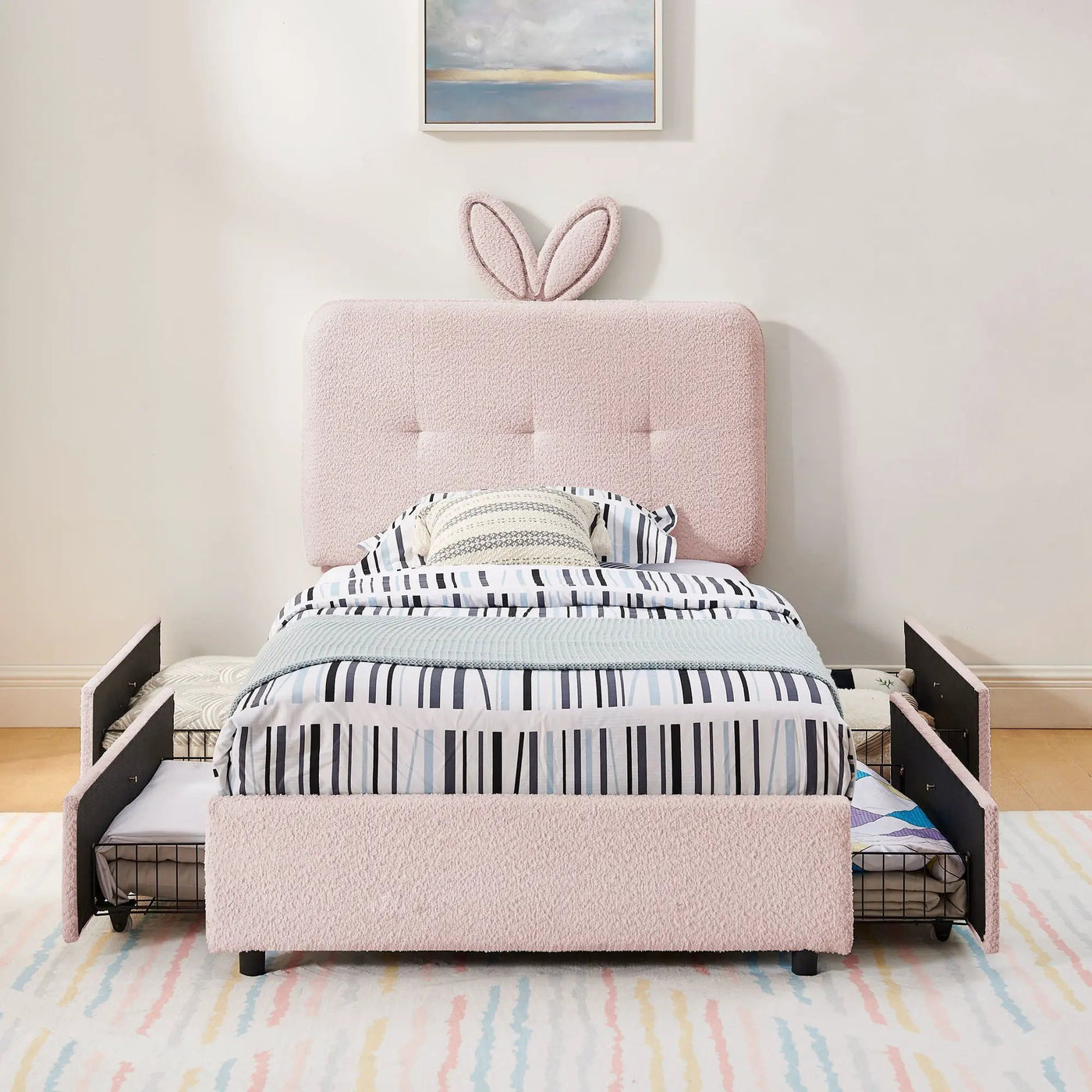 Upholstered Bed With Oversized Rabbit Ear Headboard, LED Lights & 4 Storage Drawers by HouseOfZazla