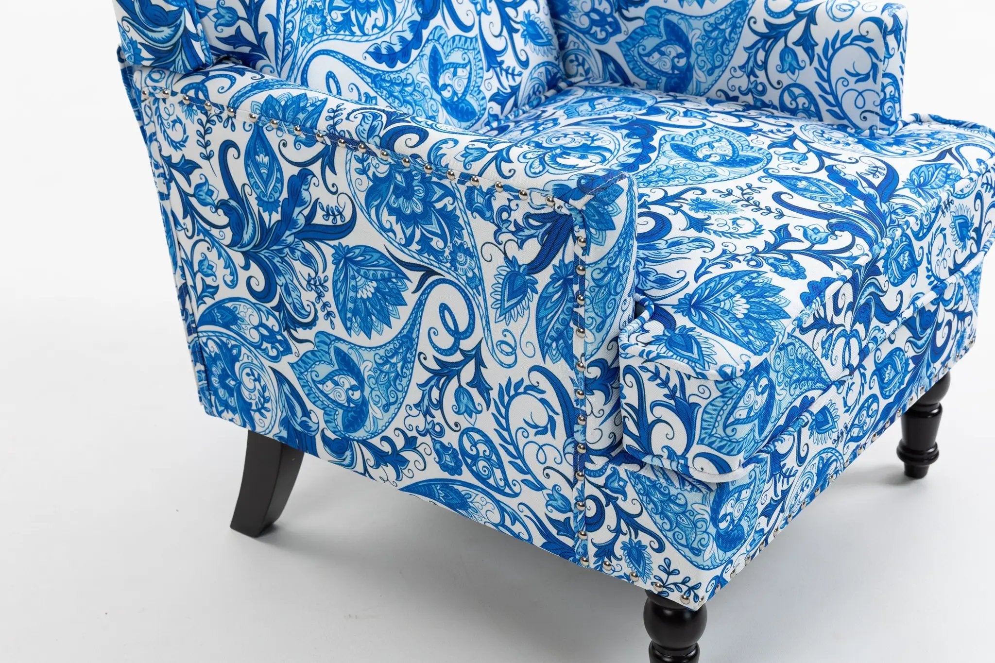 Upholstered Accent Chair with Blue and White Porcelain Print Linen Fabric by HouseOfZazla