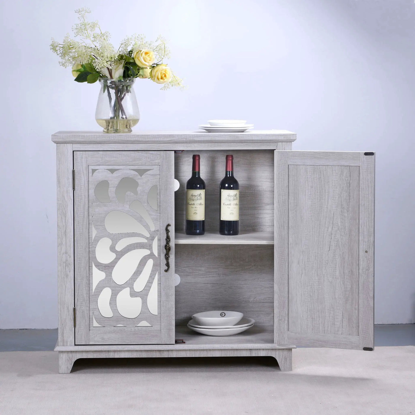 Elegant Sideboard With 2 Acrylic Mirrored Doors, Adjustable Shelf Storage by HouseOfZazla
