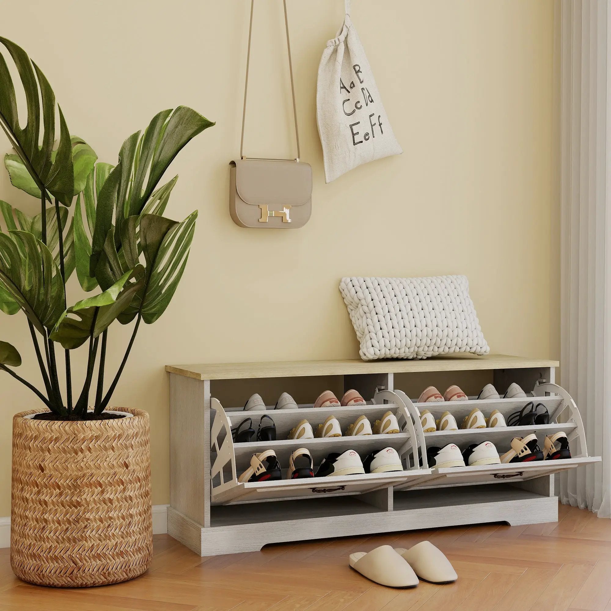 Shoe Storage Bench with 2 Flip Drawers and Adjustable Shelf - Antique by HouseOfZazla