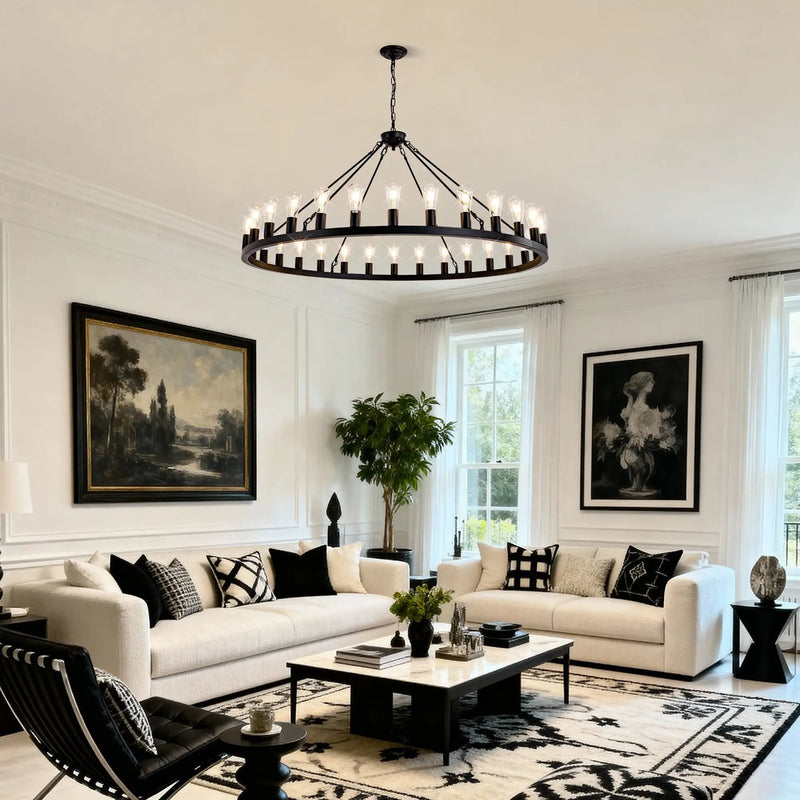 64 Inch Matte Black Wagon Wheel Chandelier With 30 Lights by HouseOfZazla