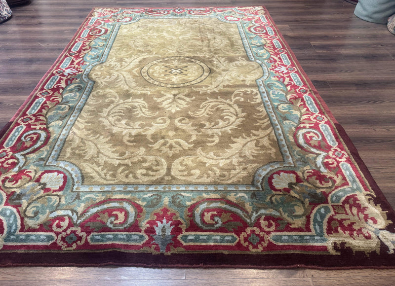 Tibetan Aubusson Rug 6x9, Gold-Beige, Soft Wool Pile, Handmade by Jewel Rugs