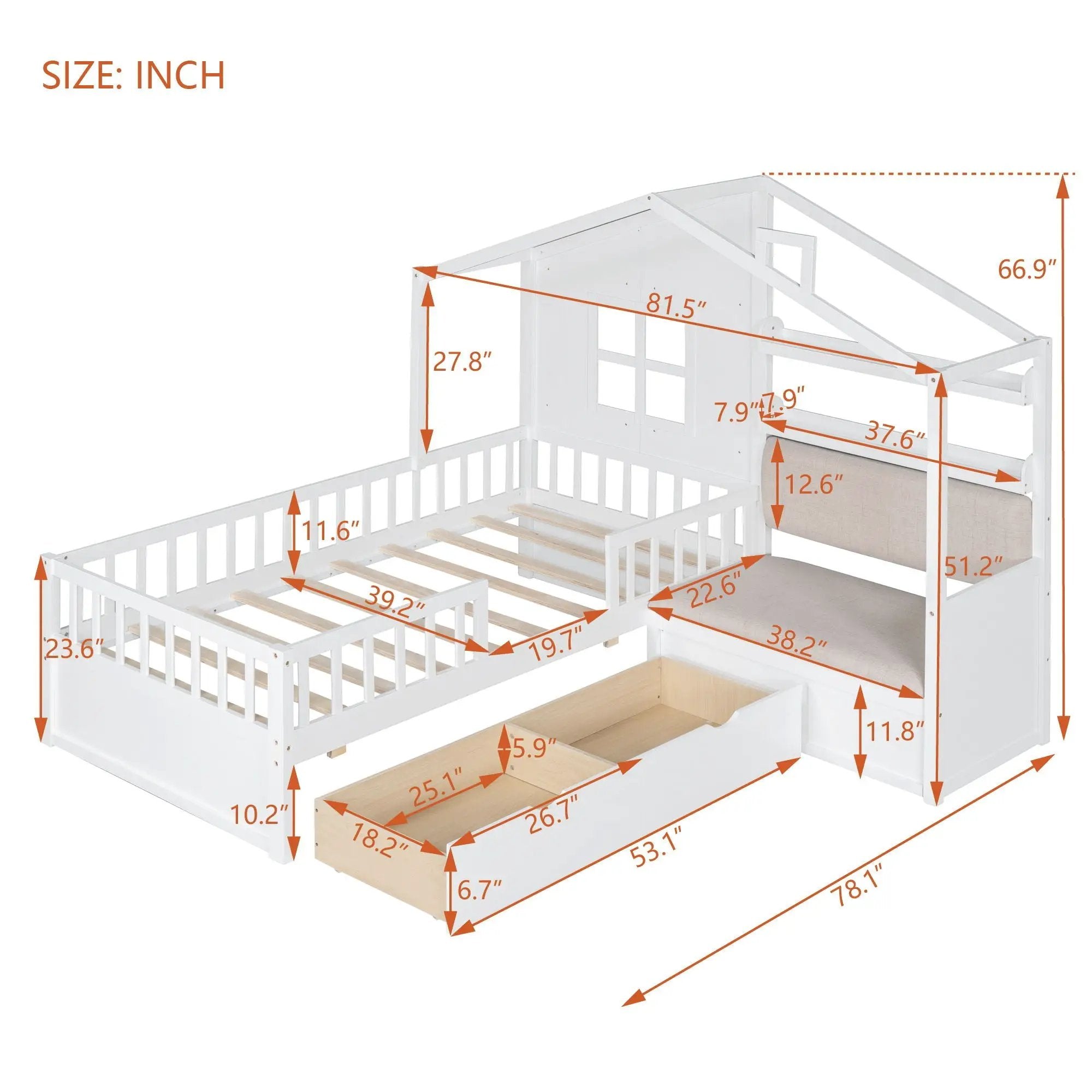 House Bed With Sofa, Kids Platform Bed With 2 Drawers And Storage Shelf by HouseOfZazla