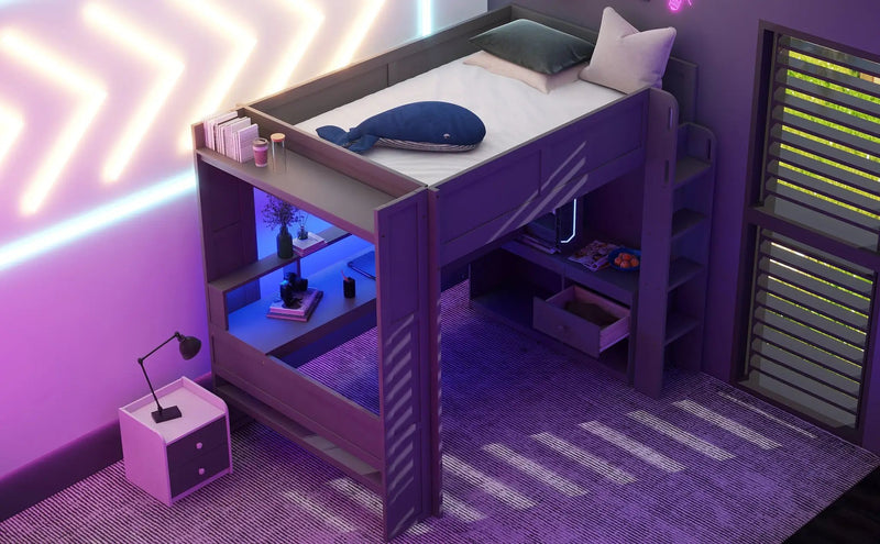 Wood Full Size Gaming Loft Bed with Desk, Multi-storage Shelves, LED and Charging Station, photo 6 of 10