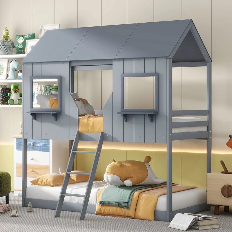 Twin Over Twin Bunk Bed With Roof, Window, Guardrail, Ladder by HouseOfZazla