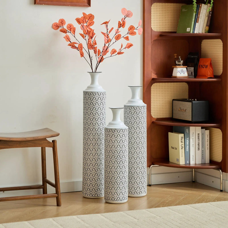 Modern Floor Vase Set Metal Vases With Geometric Pattern, 3 Piece Home Decor Set - White / Black by Unique Piece Furniture